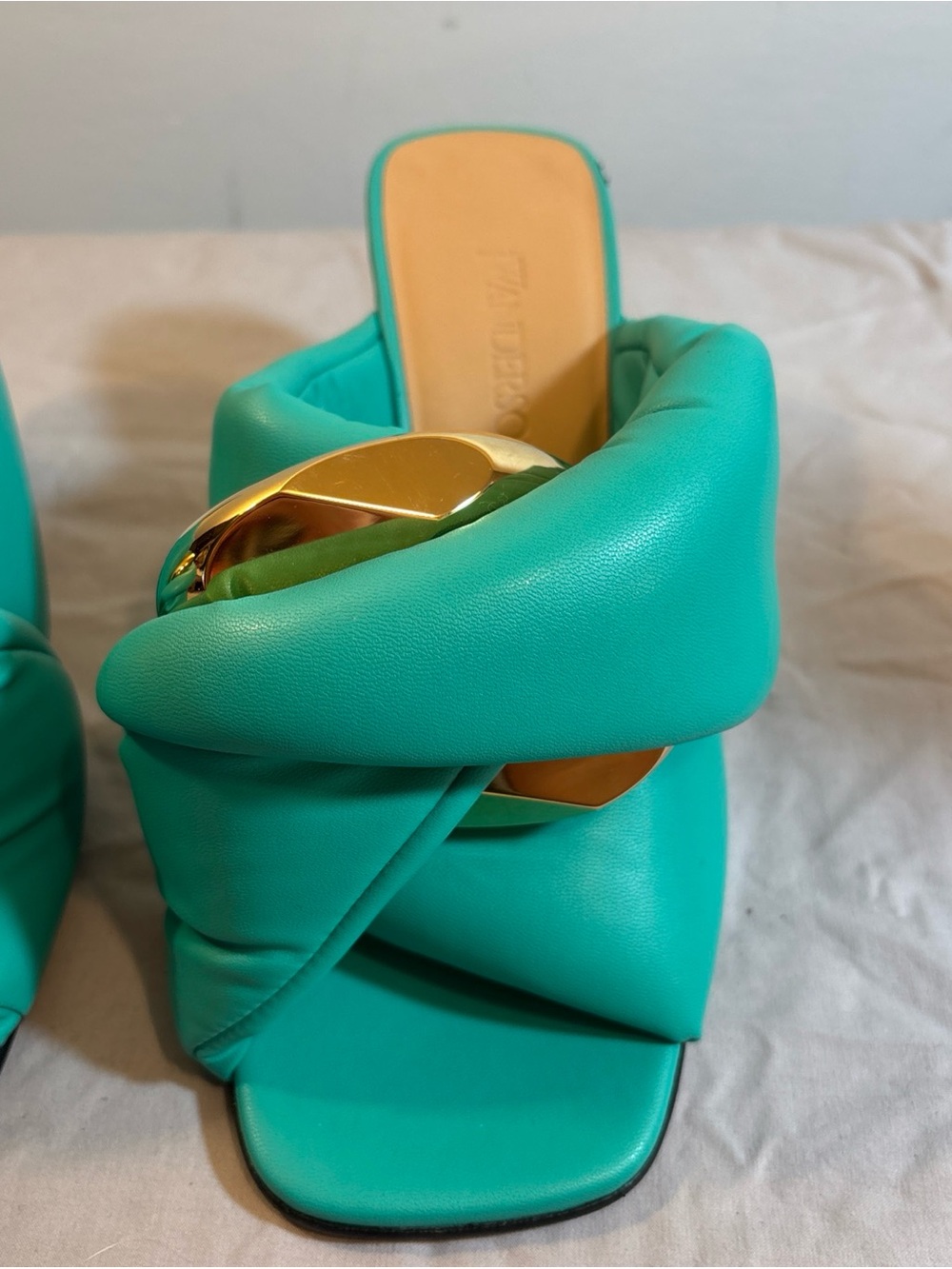 Turquoise Quilted Slide Heels with Gold Accent - Picture 3 of 13